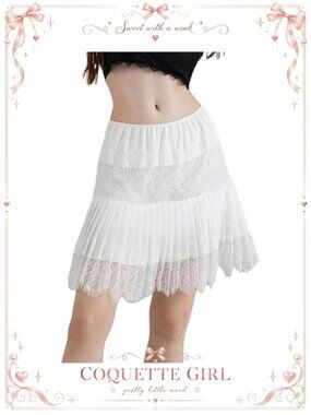 Women Y2K Lace Mini Skirt Low Rise Ruffle Pleated Underskirt